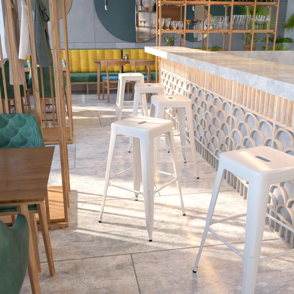 White |#| Commercial Grade 30inchH Backless White Metal Indoor-Outdoor Barstool, Square