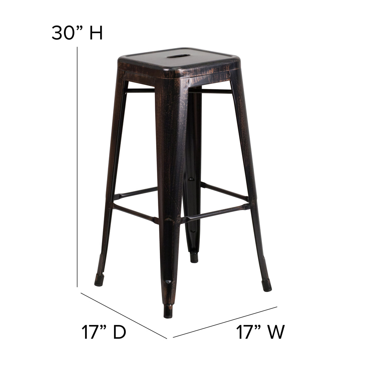 Black-Antique Gold |#| Commercial Grade 30inchH Backless Black-Gold Metal Indoor-Outdoor Barstool, Square