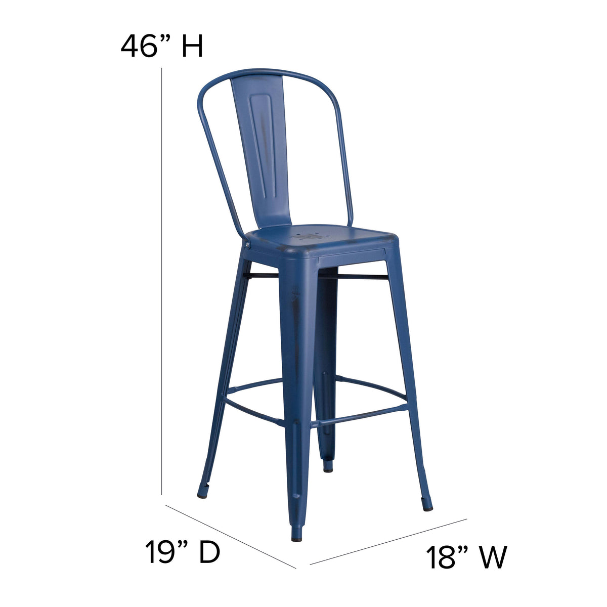 Antique Blue |#| 30inch High Distressed Antique Blue Metal Indoor-Outdoor Barstool with Back