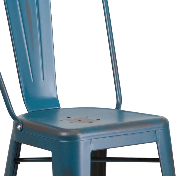 Antique Blue |#| 30inch High Distressed Antique Blue Metal Indoor-Outdoor Barstool with Back