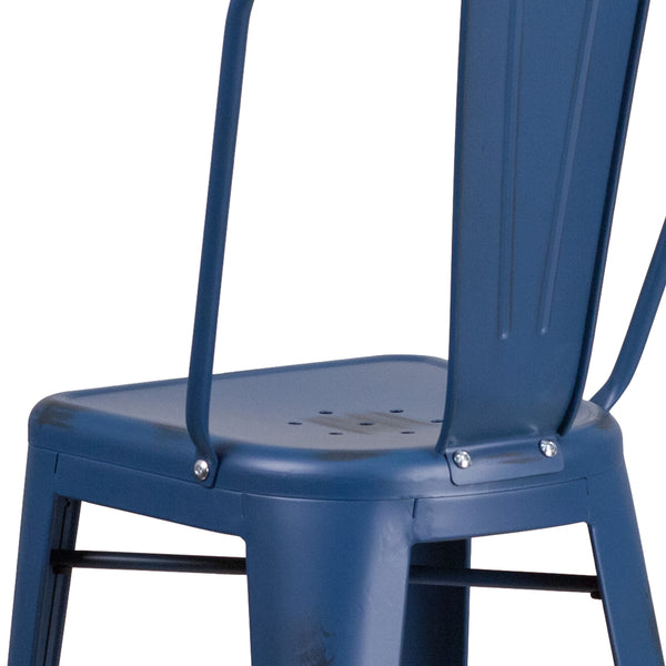 Antique Blue |#| 30inch High Distressed Antique Blue Metal Indoor-Outdoor Barstool with Back