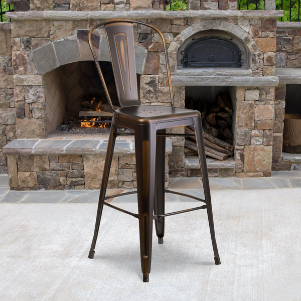 Copper |#| 30inch High Distressed Copper Metal Indoor-Outdoor Barstool with Back