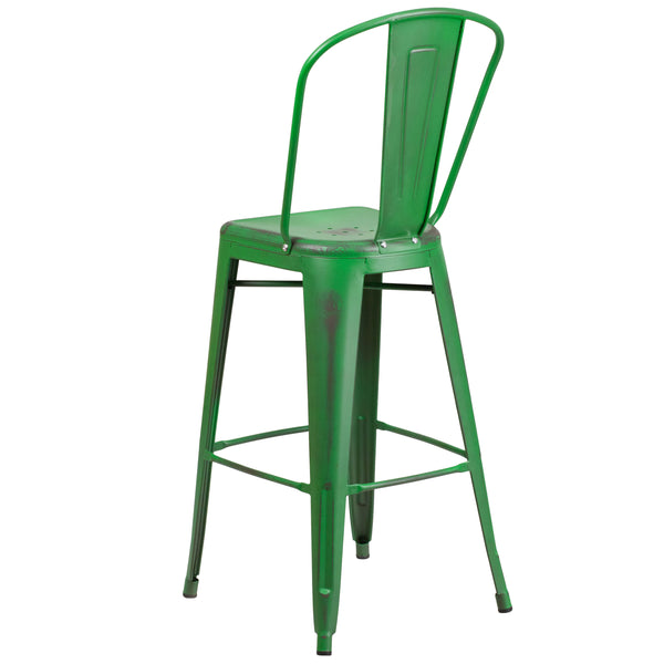 Green |#| 30inch High Distressed Green Metal Indoor-Outdoor Barstool with Back