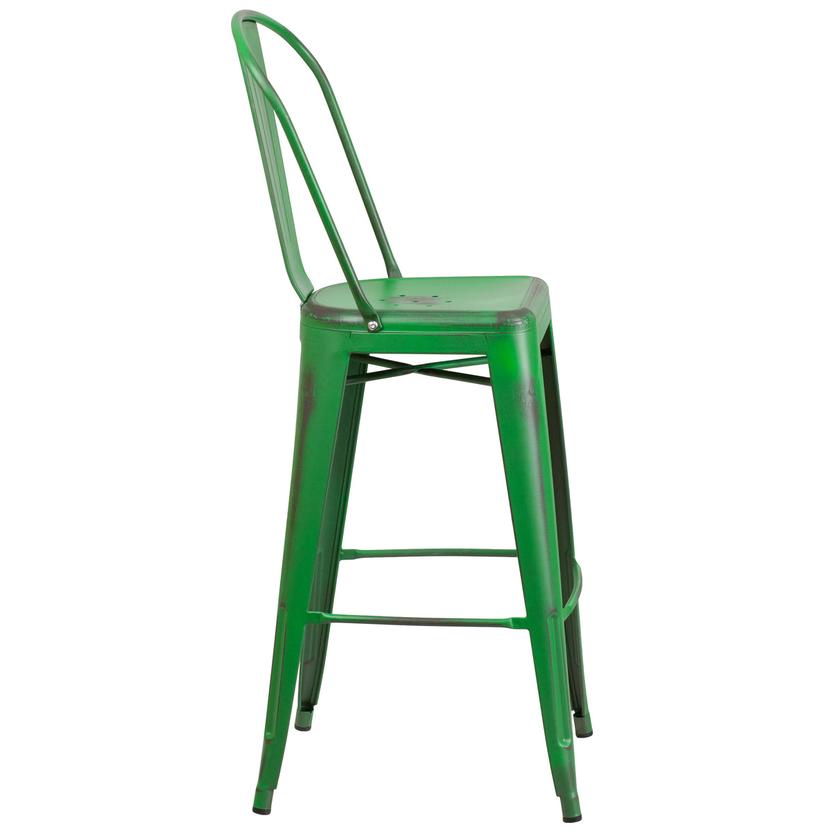 Green |#| 30inch High Distressed Green Metal Indoor-Outdoor Barstool with Back