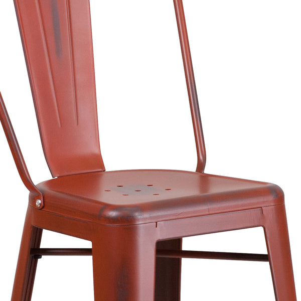 Kelly Red |#| 30inch High Distressed Kelly Red Metal Indoor-Outdoor Barstool with Back