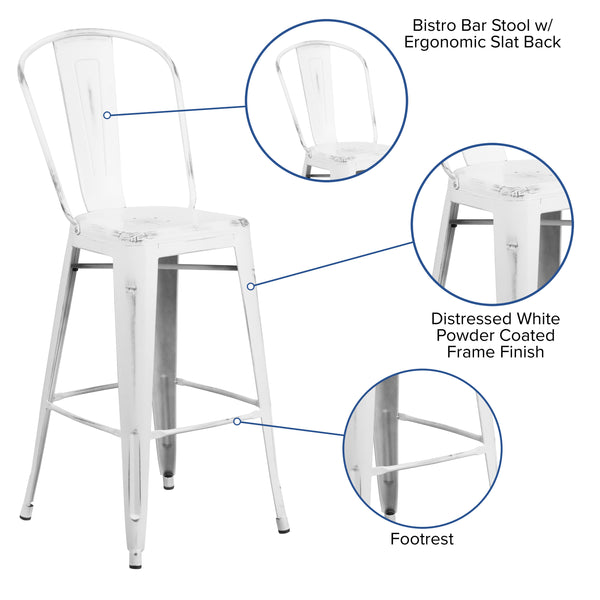 White |#| 30inch High Distressed White Metal Indoor-Outdoor Barstool with Back