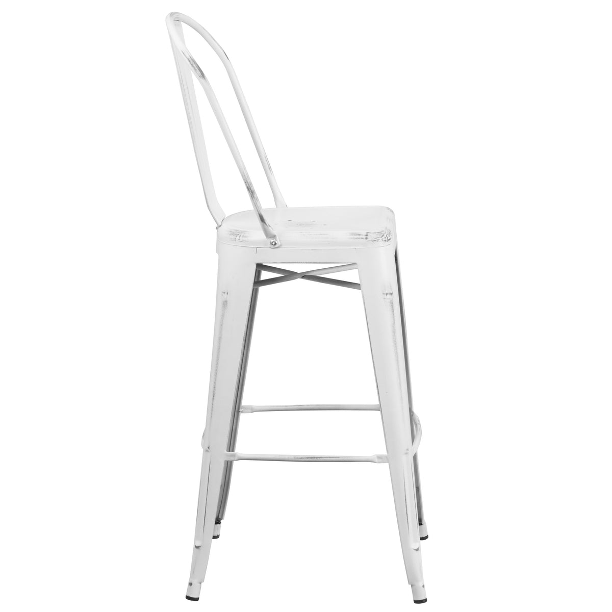 White |#| 30inch High Distressed White Metal Indoor-Outdoor Barstool with Back