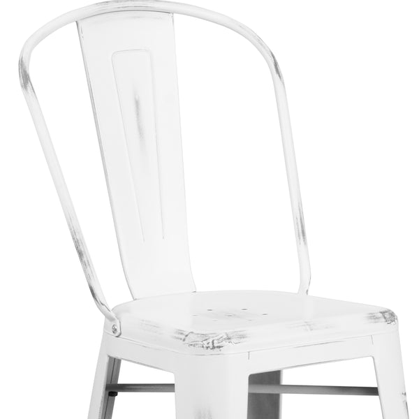 White |#| 30inch High Distressed White Metal Indoor-Outdoor Barstool with Back