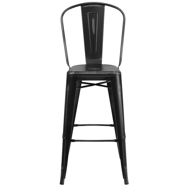 Black |#| 30inch High Distressed Black Metal Indoor-Outdoor Barstool with Back