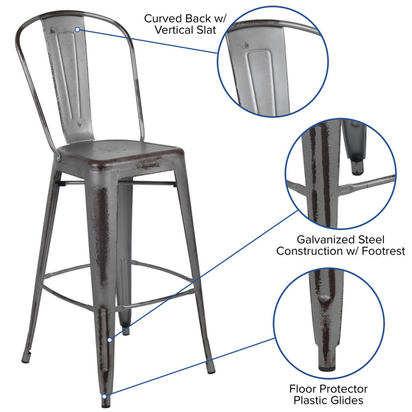 Silver Gray |#| 30inchH Distressed Silver Gray Metal Indoor-Outdoor Dining Barstool with Back