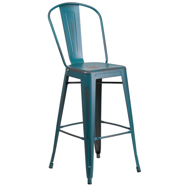 Kelly Blue-Teal |#| 30inch High Distressed Kelly Blue-Teal Metal Indoor-Outdoor Barstool with Back