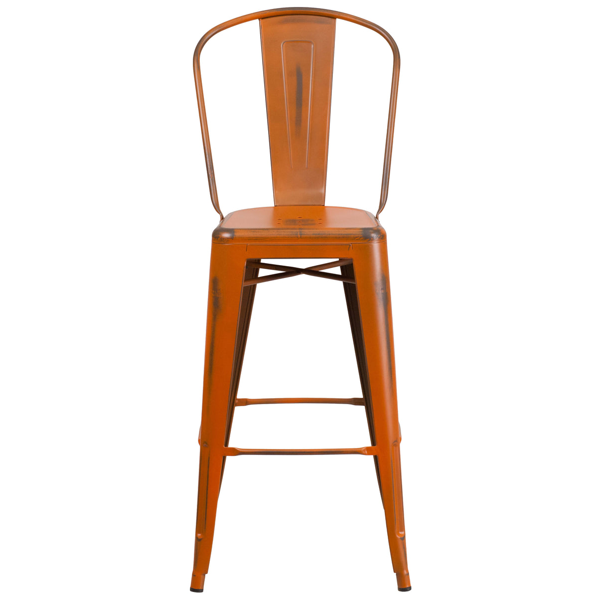 Orange |#| 30inch High Distressed Orange Metal Indoor-Outdoor Barstool with Back