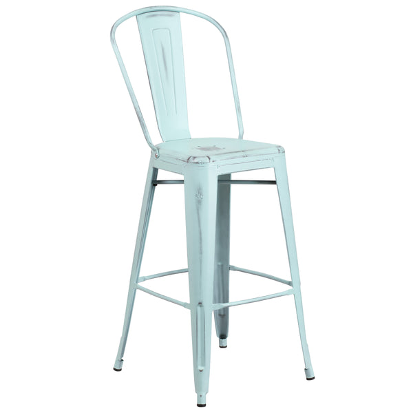 Green-Blue |#| 30inch High Distressed Green-Blue Metal Indoor-Outdoor Barstool with Back