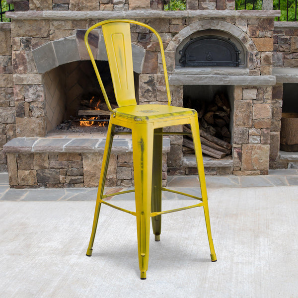 Yellow |#| 30inch High Distressed Yellow Metal Indoor-Outdoor Barstool with Back