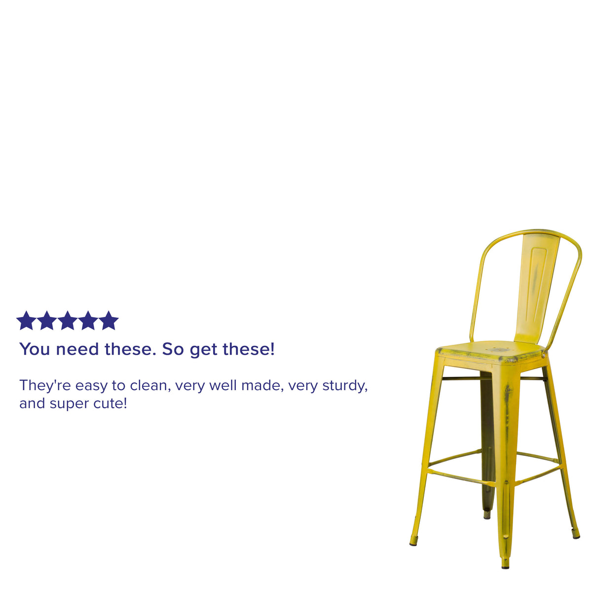 Yellow |#| 30inch High Distressed Yellow Metal Indoor-Outdoor Barstool with Back