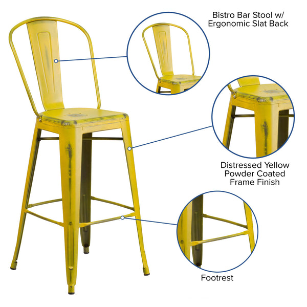 Yellow |#| 30inch High Distressed Yellow Metal Indoor-Outdoor Barstool with Back