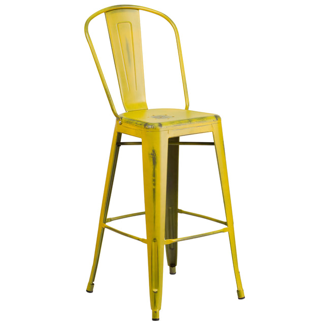 Commercial Grade 30" High Distressed Metal Indoor-Outdoor Barstool with Back - View 1
