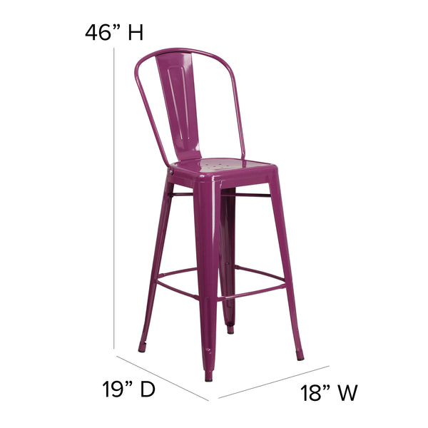 Purple |#| 30inch High Purple Metal Indoor-Outdoor Barstool with Back