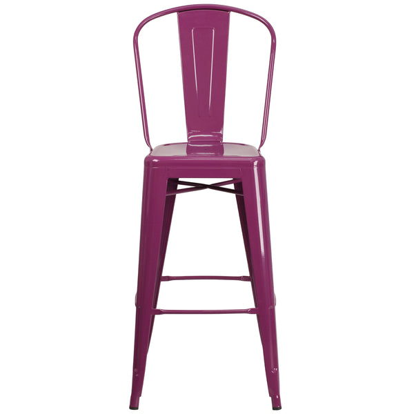 Purple |#| 30inch High Purple Metal Indoor-Outdoor Barstool with Back