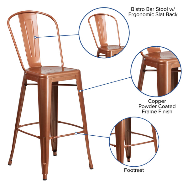 Copper |#| 30inch High Copper Metal Indoor-Outdoor Barstool with Back