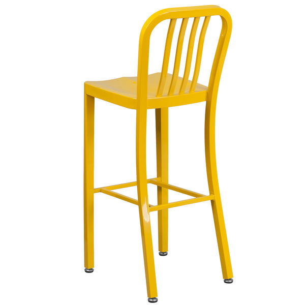 Yellow |#| 30inch High Yellow Metal Indoor-Outdoor Barstool with Vertical Slat Back