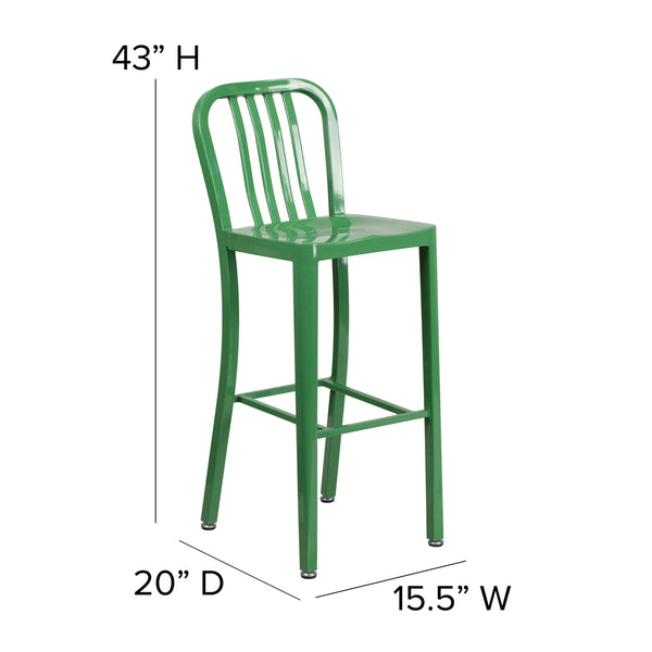 Green |#| 30inch High Green Metal Indoor-Outdoor Barstool with Vertical Slat Back