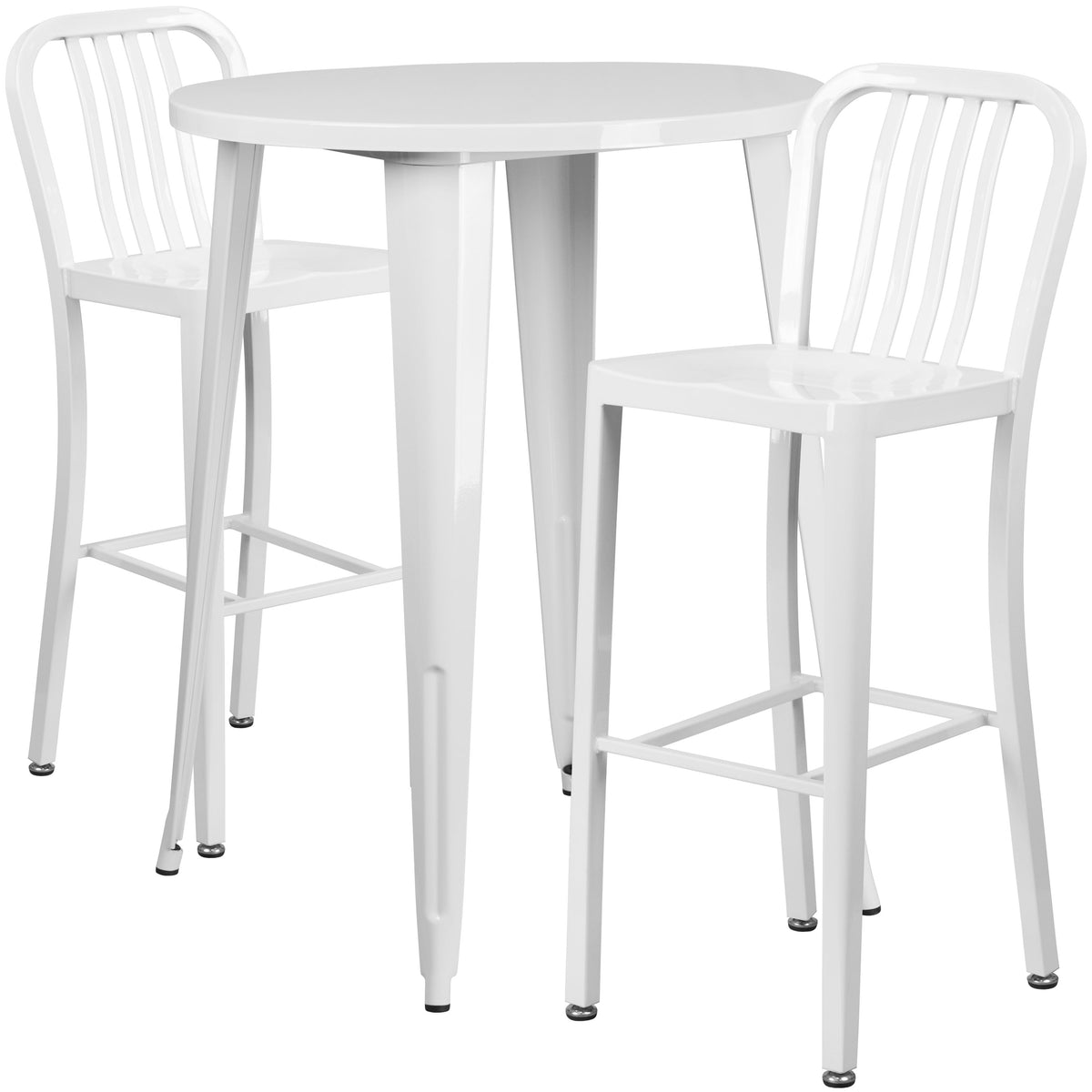 White |#| 30inch Round White Metal Indoor-Outdoor Bar Table Set with 2 Slat Back Stools