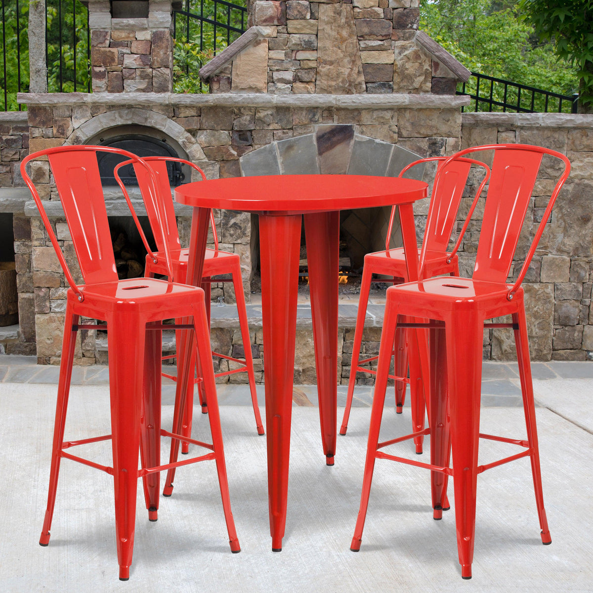 Red |#| 30inch Round Red Metal Indoor-Outdoor Bar Table Set with 4 Cafe Stools