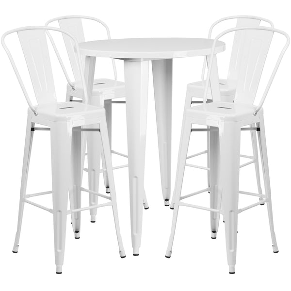 White |#| 30inch Round White Metal Indoor-Outdoor Bar Table Set with 4 Cafe Stools