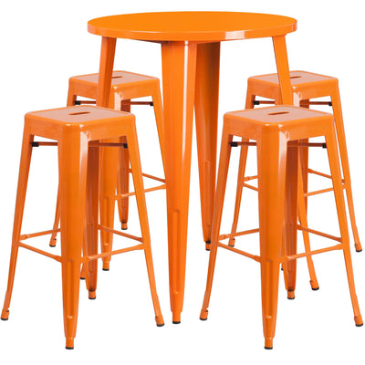 Commercial Grade 30" Round Metal Indoor-Outdoor Bar Table Set with 4 Square Seat Backless Stools - View 1