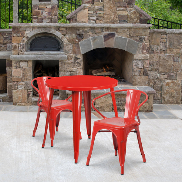 Red |#| 30inch Round Red Metal Indoor-Outdoor Table Set with 2 Arm Chairs