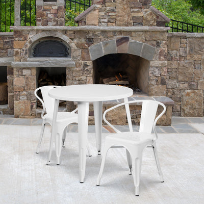 Commercial Grade 30" Round Metal Indoor-Outdoor Table Set with 2 Arm Chairs - View 2