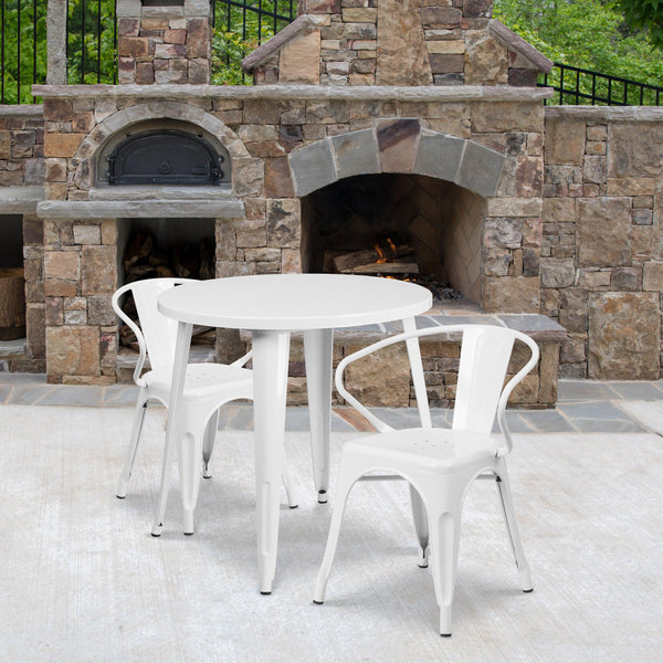 White |#| 30inch Round White Metal Indoor-Outdoor Table Set with 2 Arm Chairs