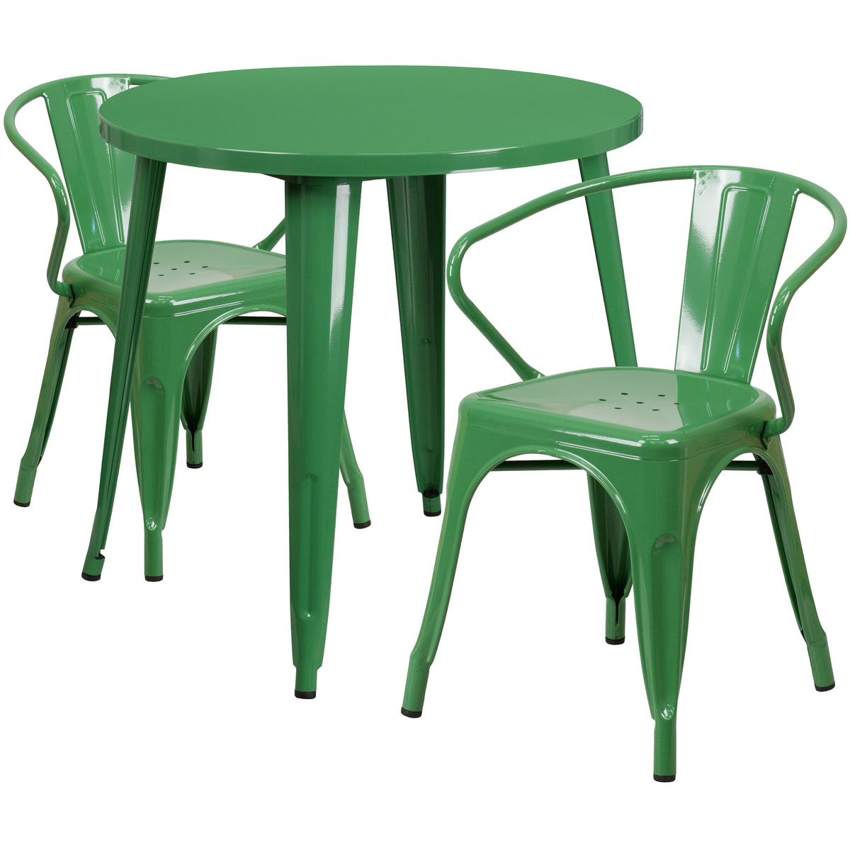 Green |#| 30inch Round Green Metal Indoor-Outdoor Table Set with 2 Arm Chairs