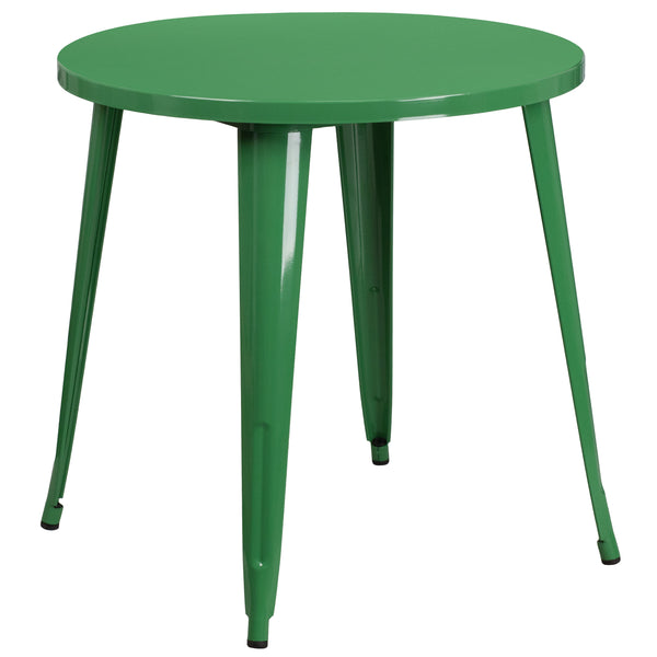 Green |#| 30inch Round Green Metal Indoor-Outdoor Table Set with 2 Arm Chairs