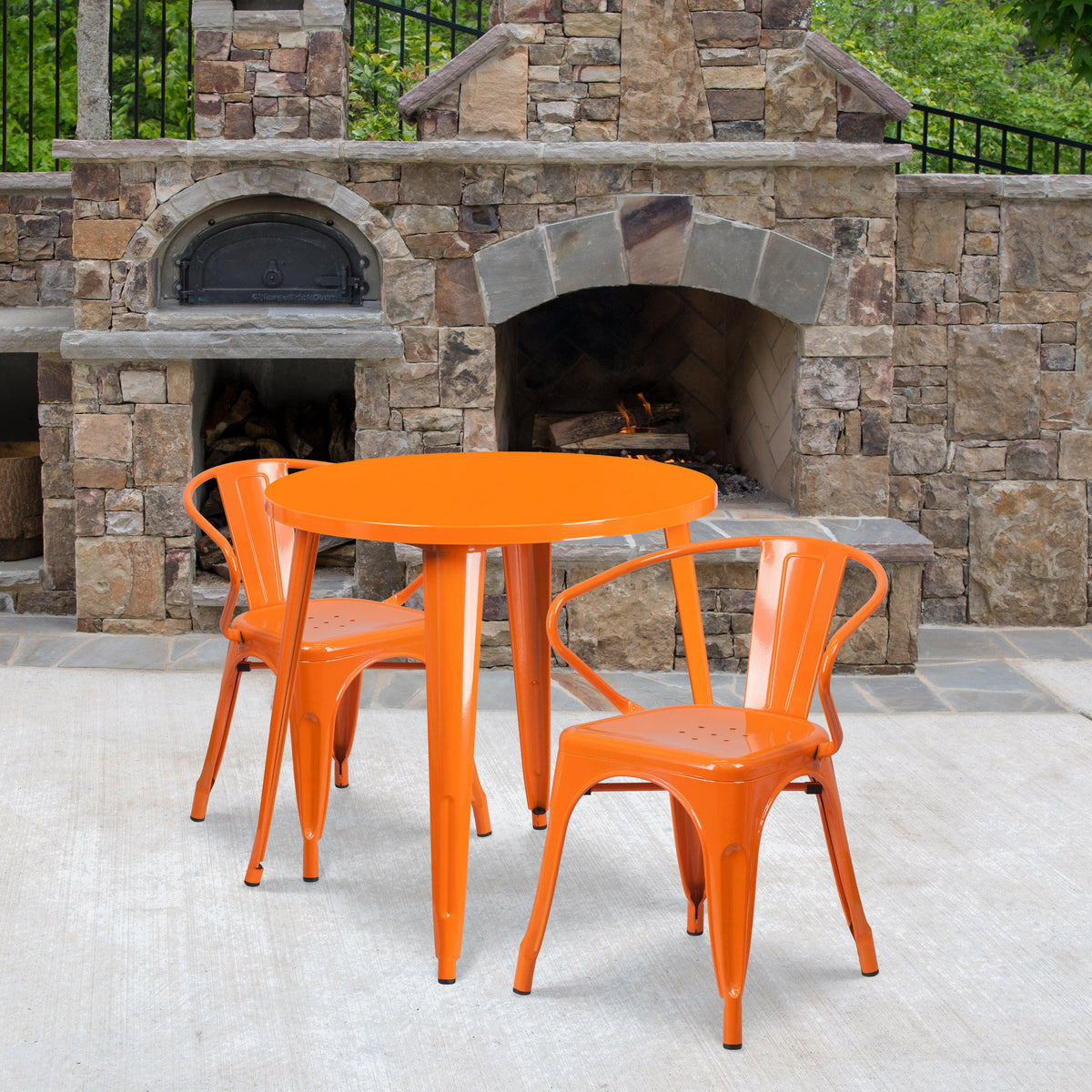 Orange |#| 30inch Round Orange Metal Indoor-Outdoor Table Set with 2 Arm Chairs