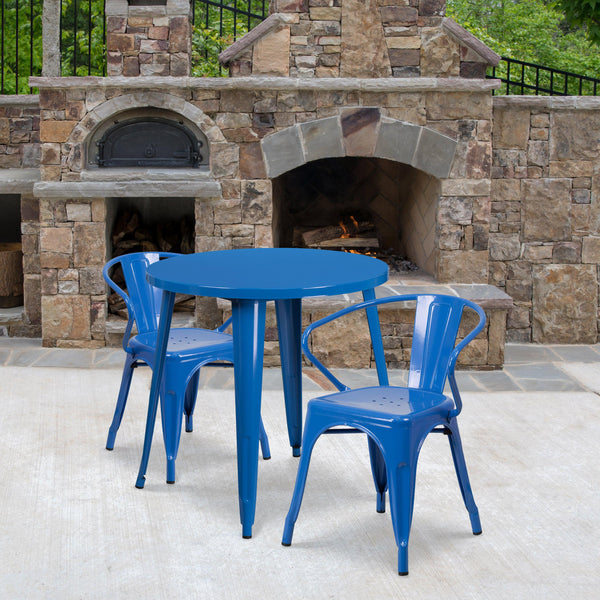 Blue |#| 30inch Round Blue Metal Indoor-Outdoor Table Set with 2 Arm Chairs