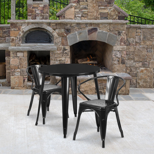 Black |#| 30inch Round Black Metal Indoor-Outdoor Table Set with 2 Arm Chairs