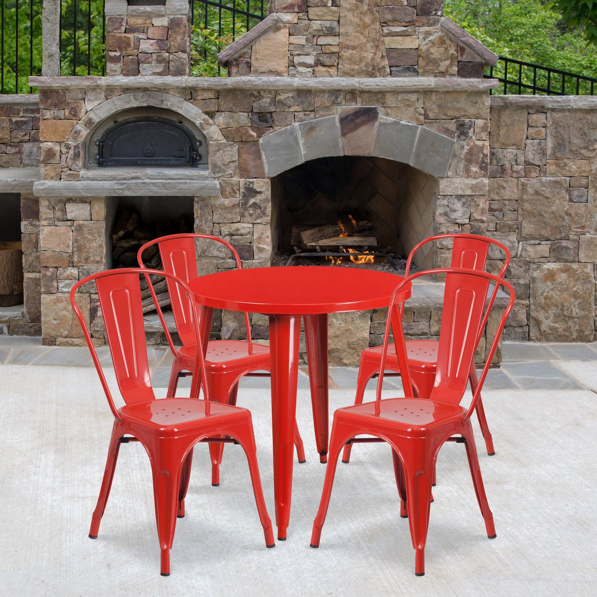 Red |#| 30inch Round Red Metal Indoor-Outdoor Table Set with 4 Cafe Chairs