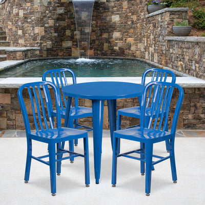 Commercial Grade 30" Round Metal Indoor-Outdoor Table Set with 4 Vertical Slat Back Chairs - View 2