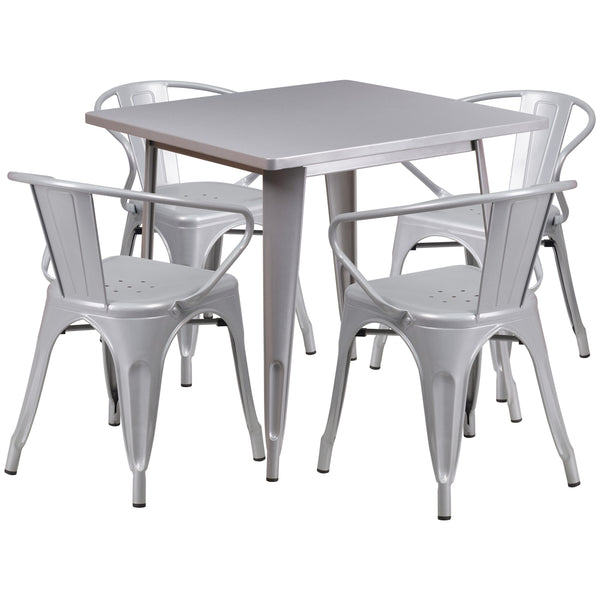 Silver |#| 31.5inch Square Silver Metal Indoor-Outdoor Table Set with 4 Arm Chairs
