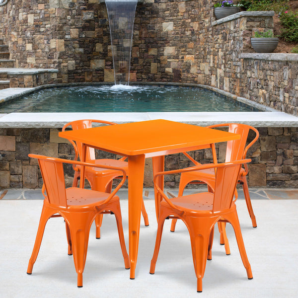 Orange |#| 31.5inch Square Orange Metal Indoor-Outdoor Table Set with 4 Arm Chairs