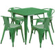 Green |#| 31.5inch Square Green Metal Indoor-Outdoor Table Set with 4 Arm Chairs