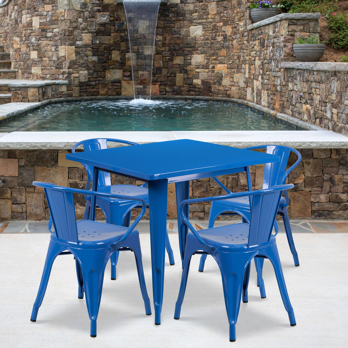 Blue |#| 31.5inch Square Blue Metal Indoor-Outdoor Table Set with 4 Arm Chairs