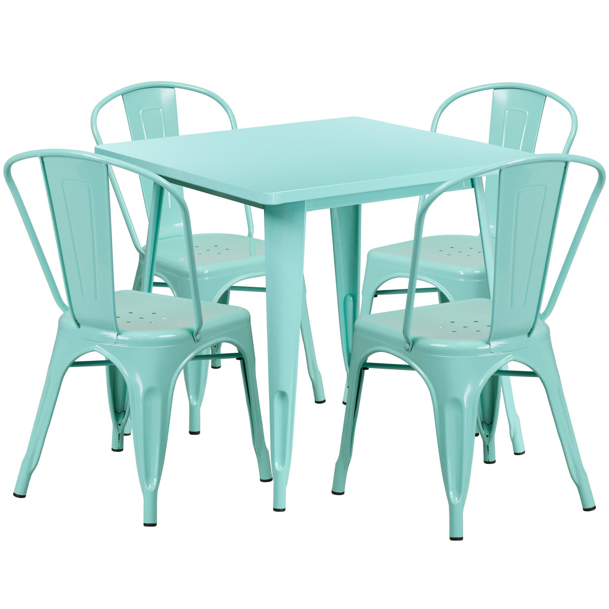 Mint Green |#| 31.5inch Square Mint Green Metal Indoor-Outdoor Table Set with 4 Stack Chairs