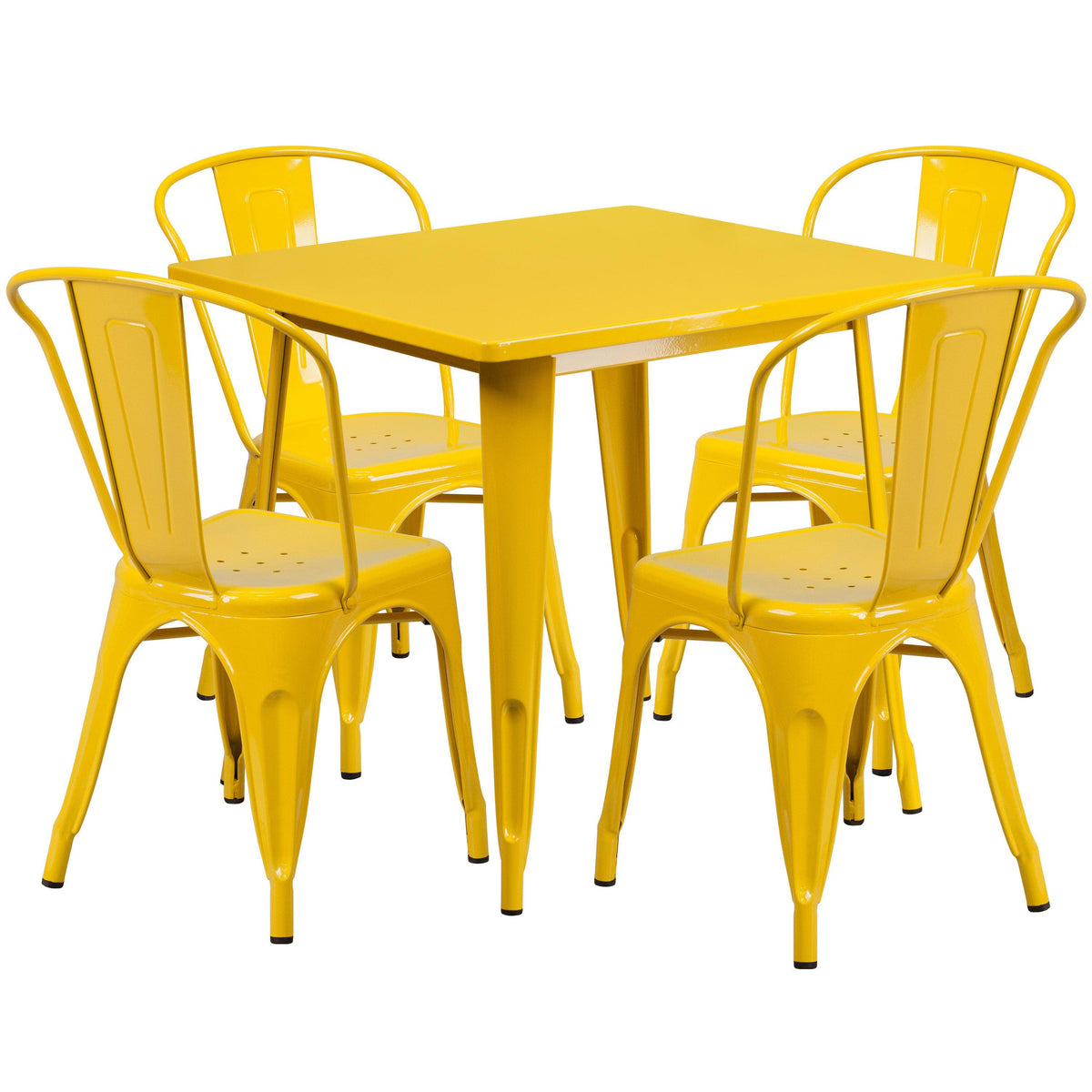 Yellow |#| 31.5inch Square Yellow Metal Indoor-Outdoor Table Set with 4 Stack Chairs