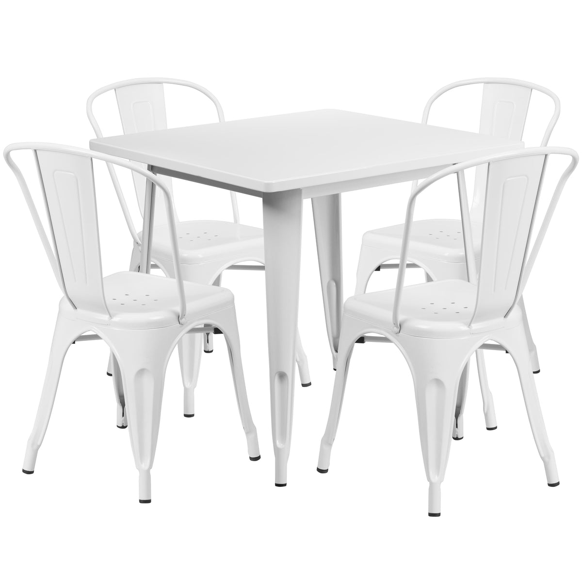 White |#| 31.5inch Square White Metal Indoor-Outdoor Table Set with 4 Stack Chairs