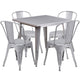 Silver |#| 31.5inch Square Silver Metal Indoor-Outdoor Table Set with 4 Stack Chairs