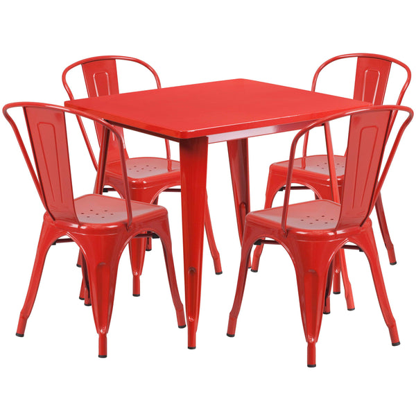Red |#| 31.5inch Square Red Metal Indoor-Outdoor Table Set with 4 Stack Chairs