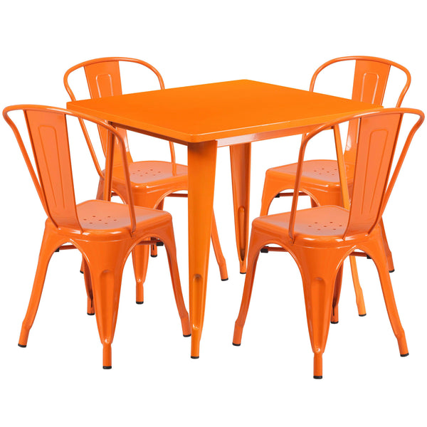 Orange |#| 31.5inch Square Orange Metal Indoor-Outdoor Table Set with 4 Stack Chairs